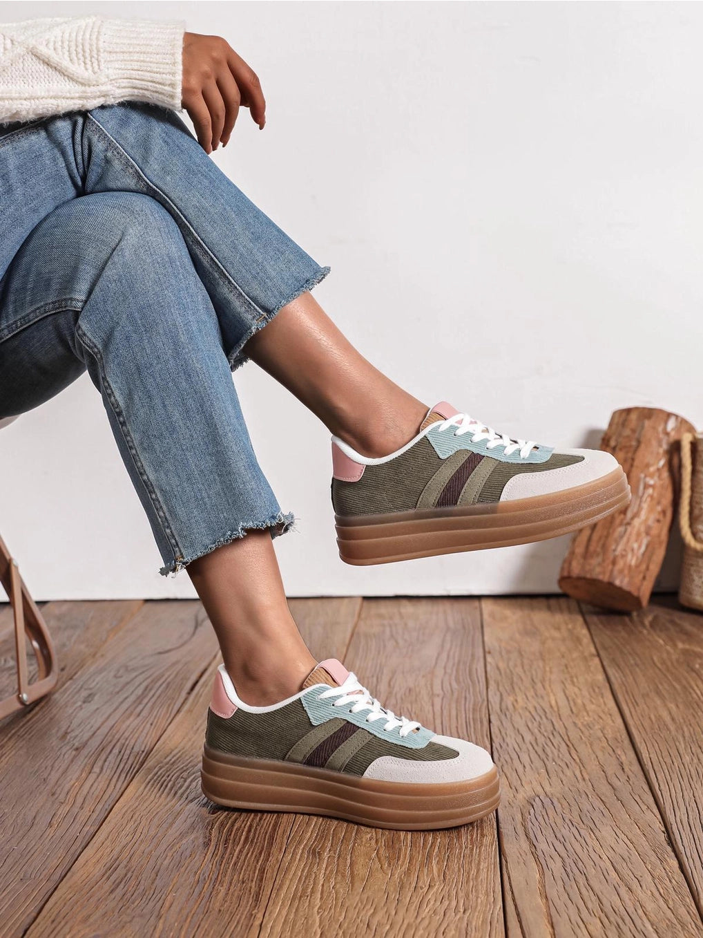 COREY - khaki block colour platform trainers