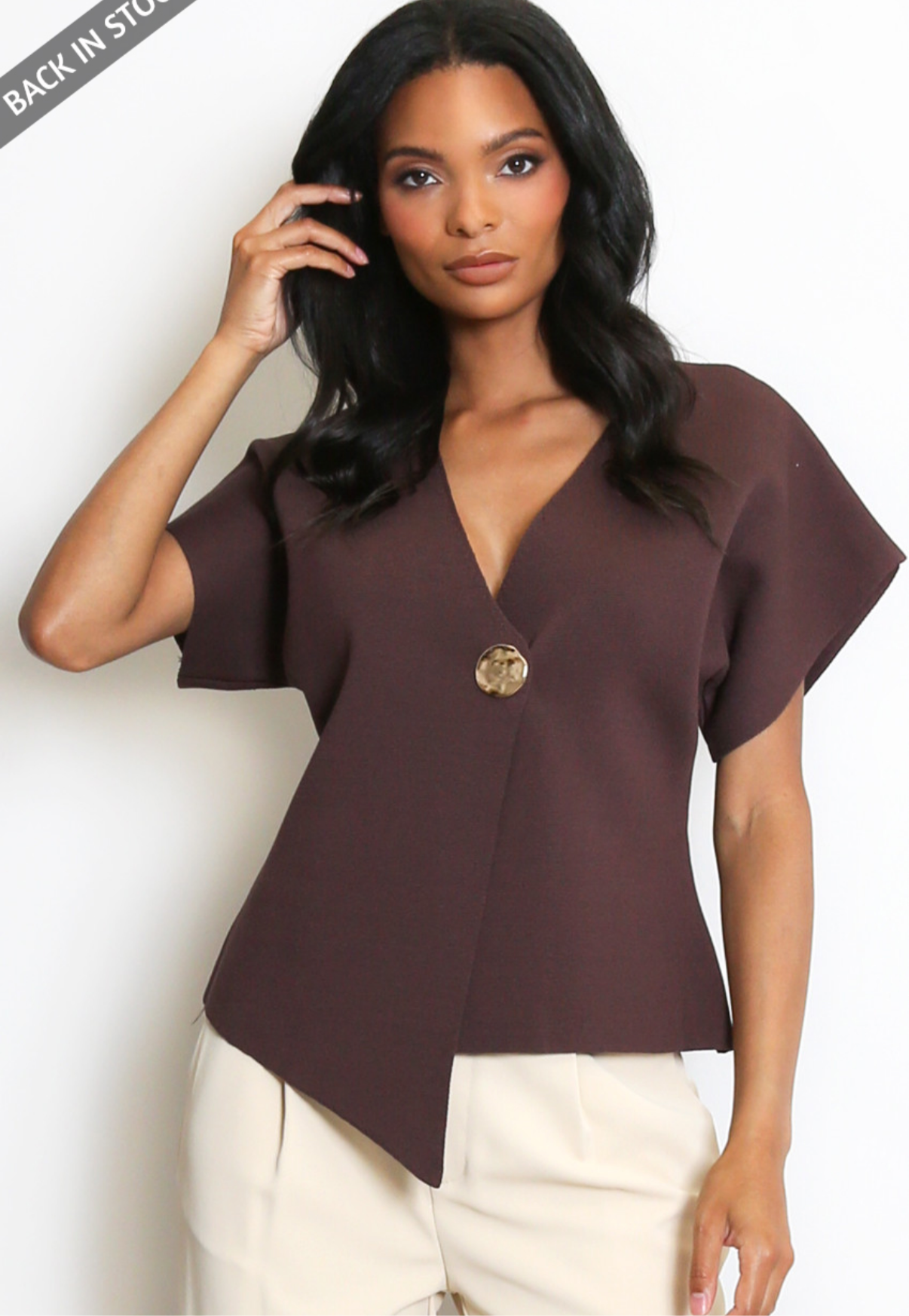 Chocolate stretch knit button top