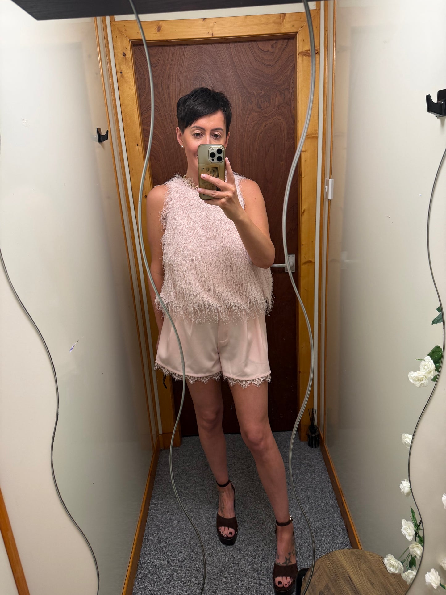 FERN pink feather fringe top