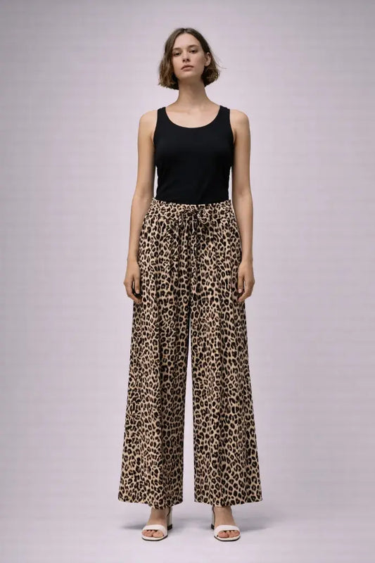 SILVY leopard print light flare floaty trousers - elasticated waist