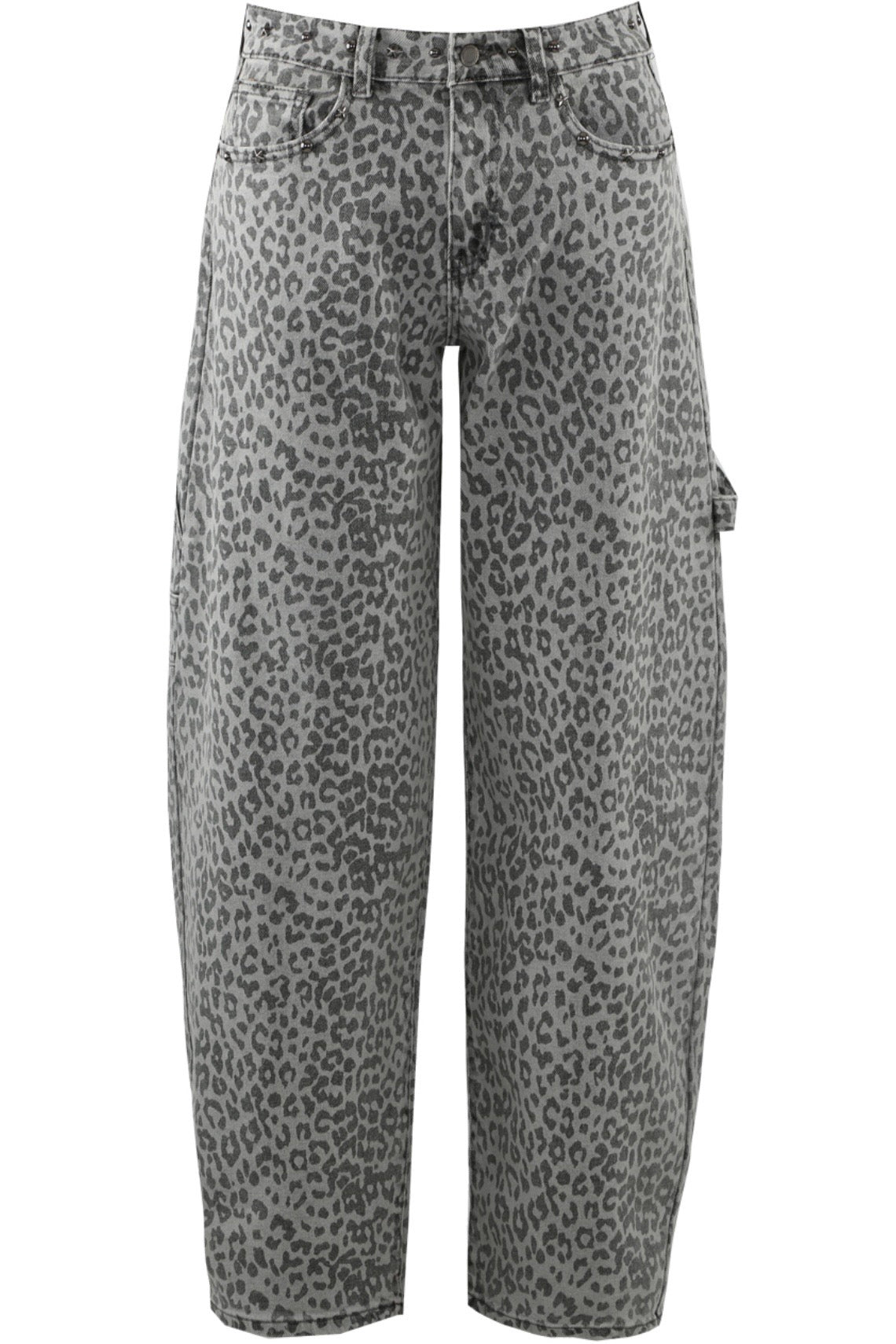 JESSICA grey leopard print studded barrell leg Jeans