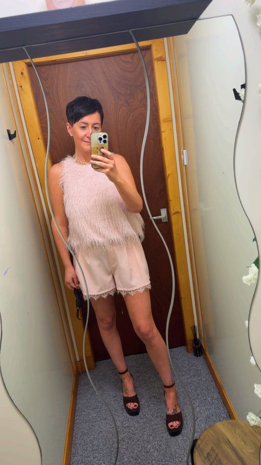 FERN pink feather fringe top
