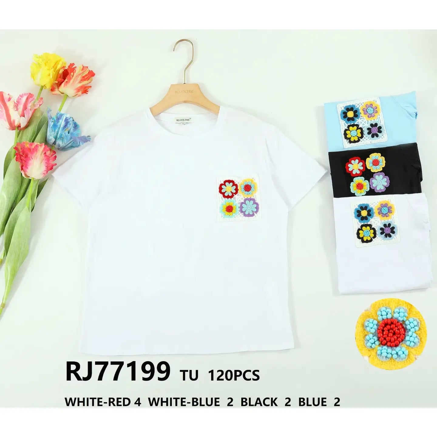 FLORA crochet pocket detail TShirt - white