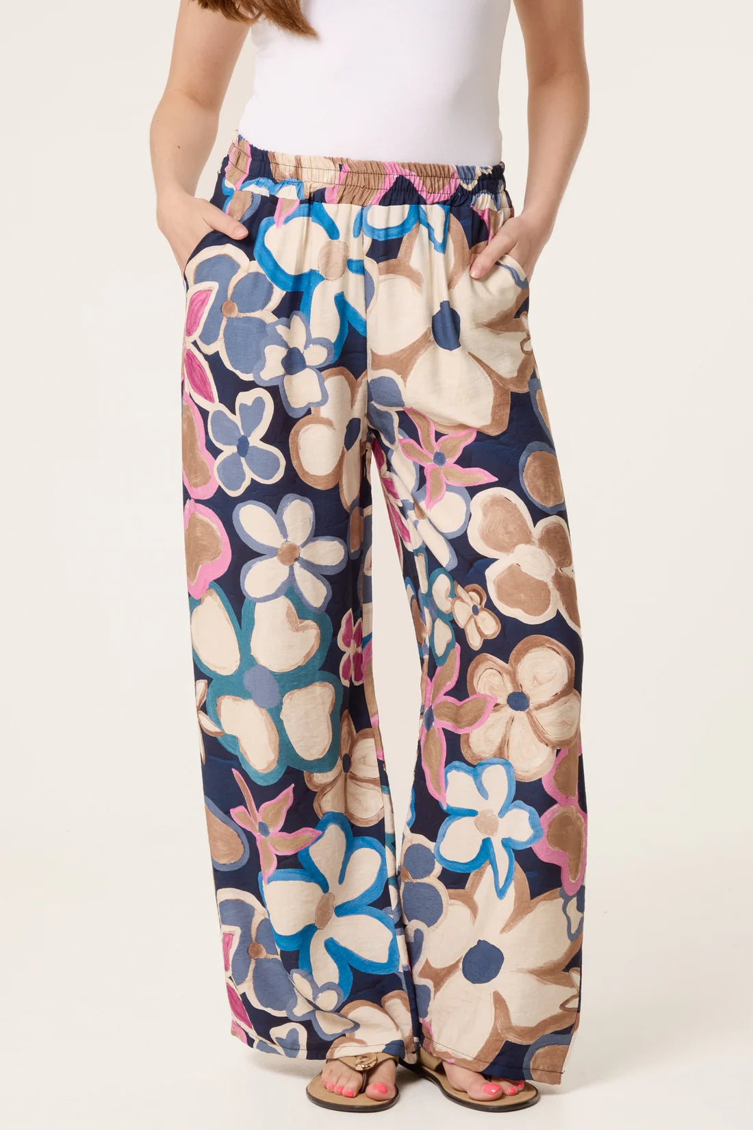 BOLD flower print wide leg trouser - navy/beige
