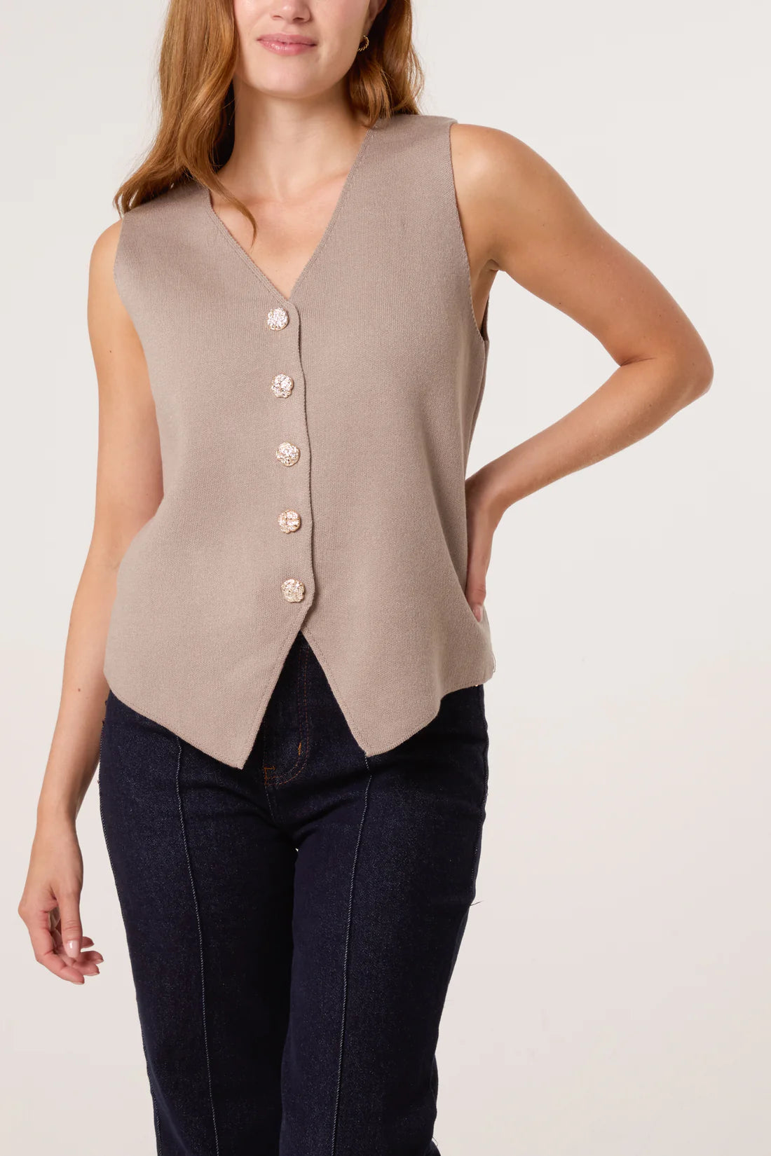 Fine knit mocha gold button waistcoat