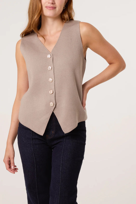 Fine knit mocha gold button waistcoat