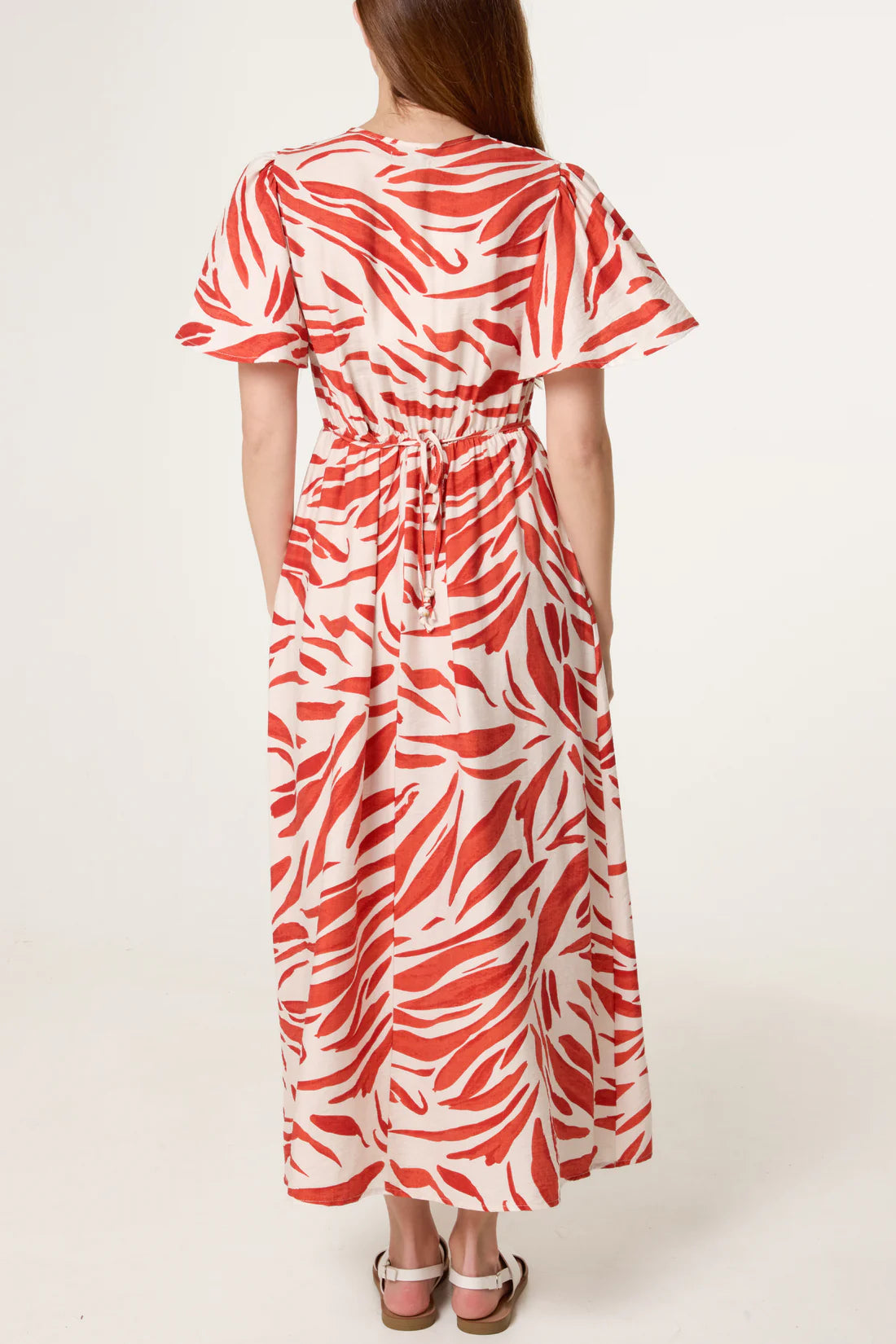 BRIEL brushstroke leaf print Dress - Red/beige