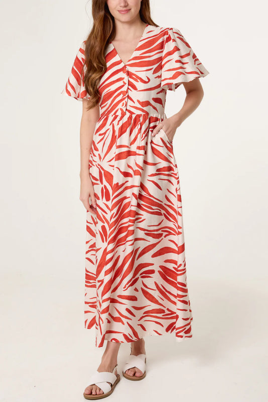 BRIEL brushstroke leaf print Dress - Red/beige