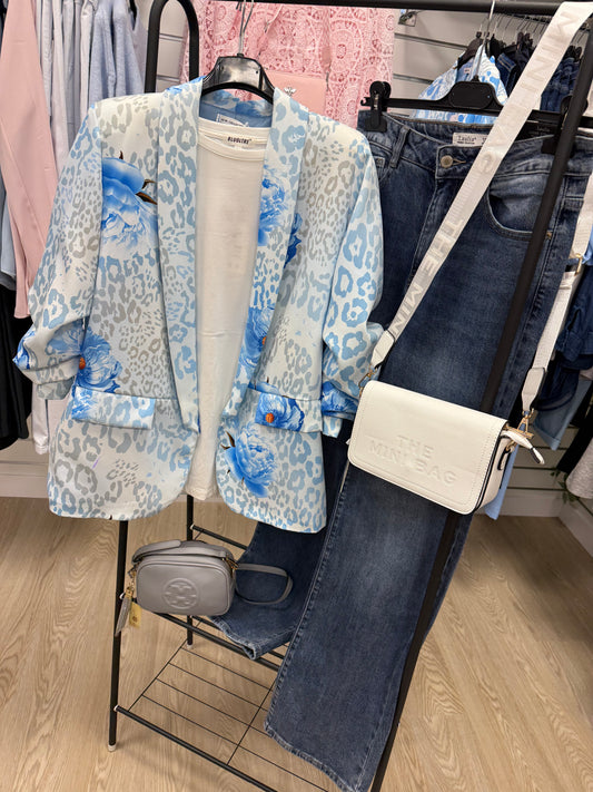 LAUREL animal print 3/4sleeve blazer - sky blue/white