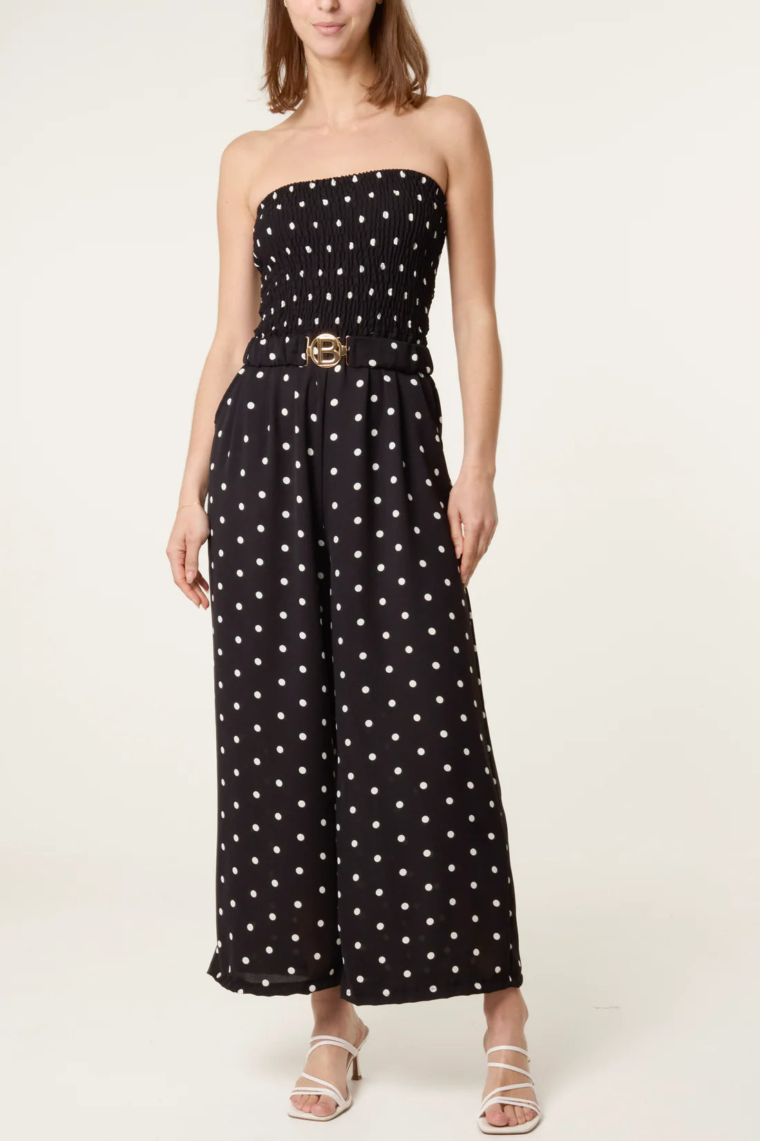 BILLY strapless polka dot belted Jumpsuit - elasticated - black